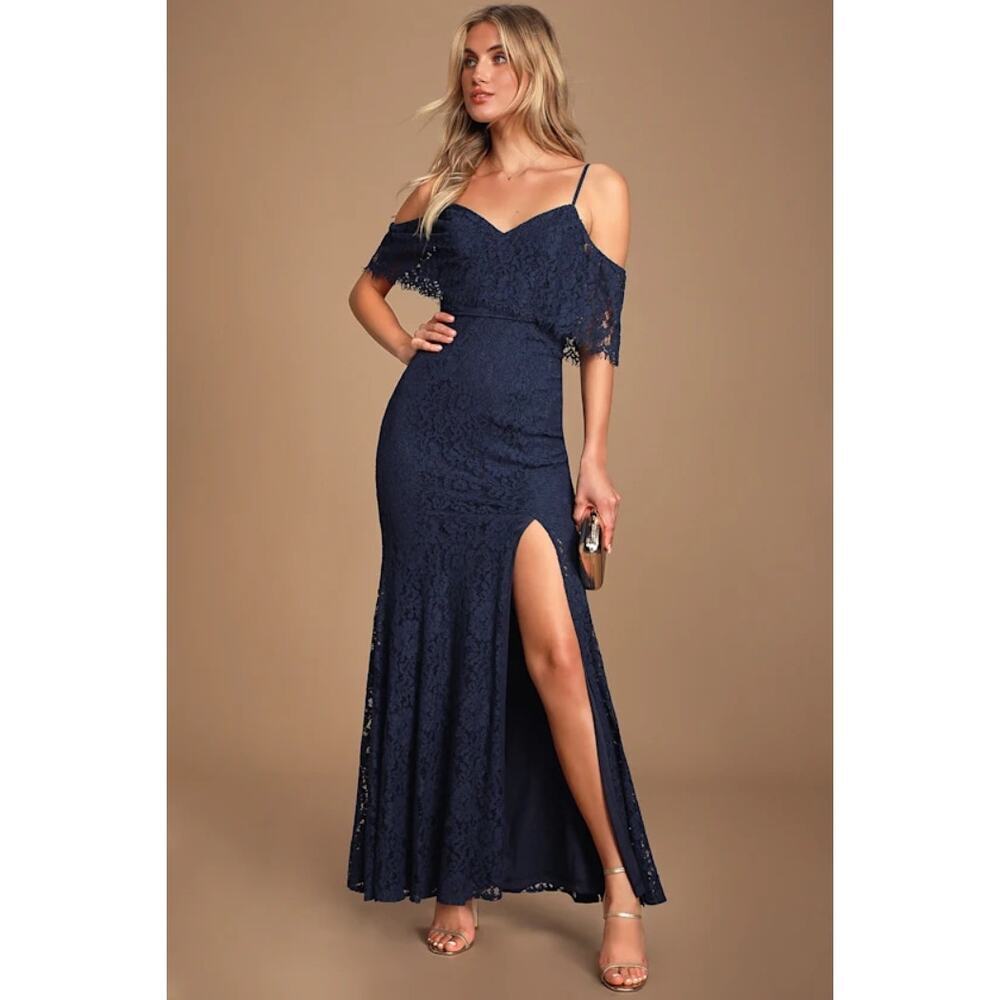 NWT Lulus Caterina Navy Blue Lace Off-the-Shoulder Maxi Dress Gala Banquet Sz S
